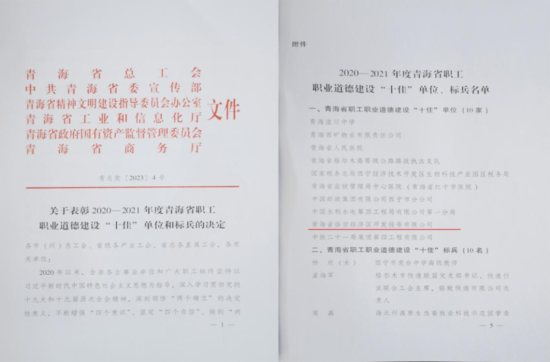 青海省臨空經濟區(qū)開發(fā)投資有限公司榮獲青海省職工職業(yè)道德建設“十佳”單位